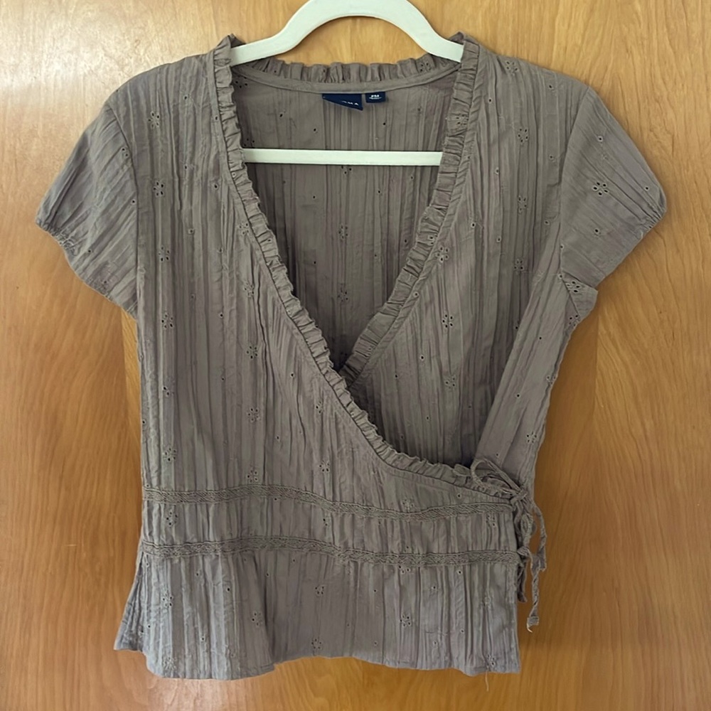 brown eyelet short sleeve wrap top